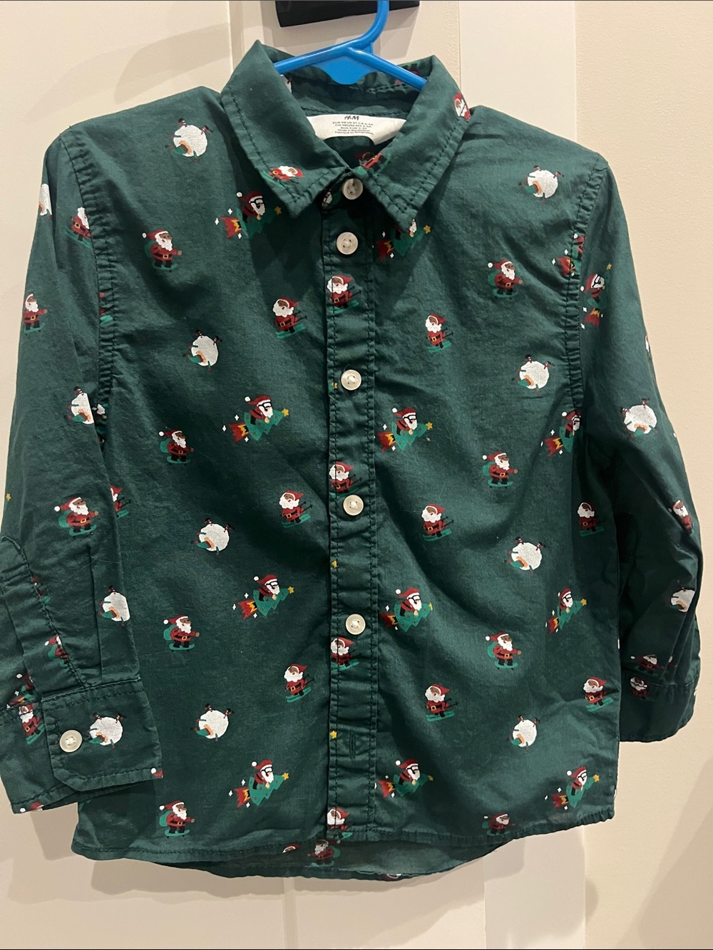 H&M Dark Green Holiday Button-Down Shirt with Santa Print